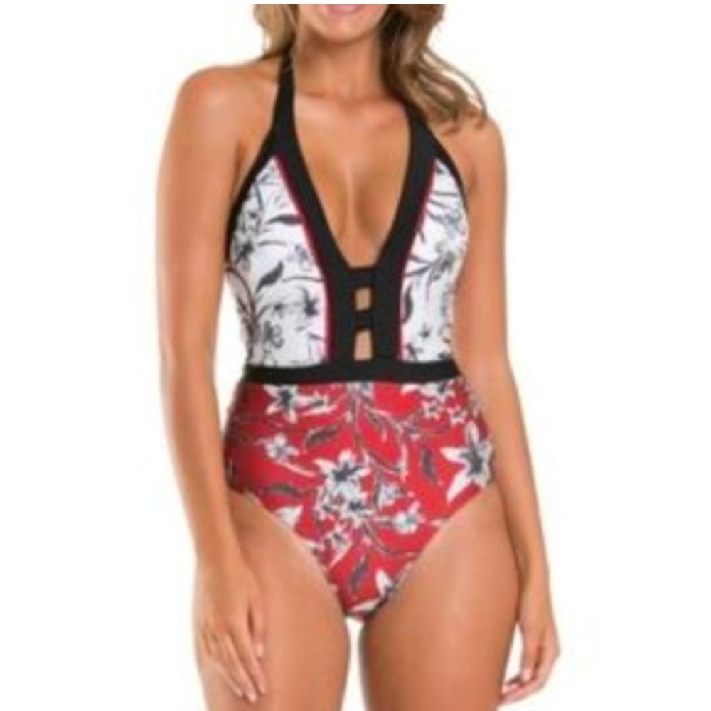 Floral Halter One-Piece Swimsuit in Red and White